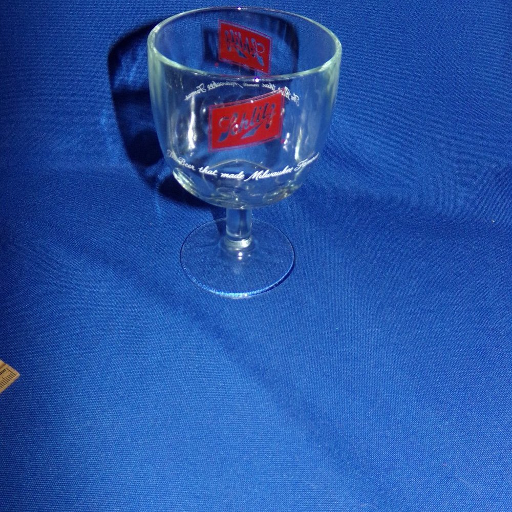 Vintage Schlitz Beer Glass Thumbprint Goblet - Clear w/ Red & White